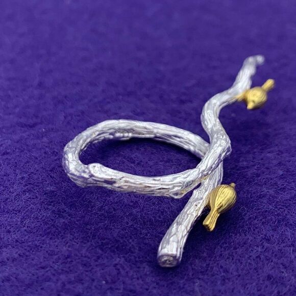 NWOT, solid sterling 925 silver with 18 K gold vermeil accents, birds on branch - Picture 5 of 12